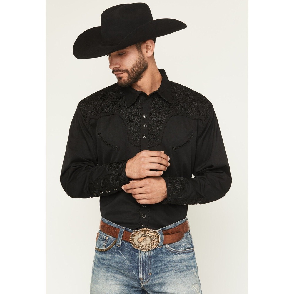 Scully Mens Western Shirt Black Floral Embroidery Snap Large Retro  Western
